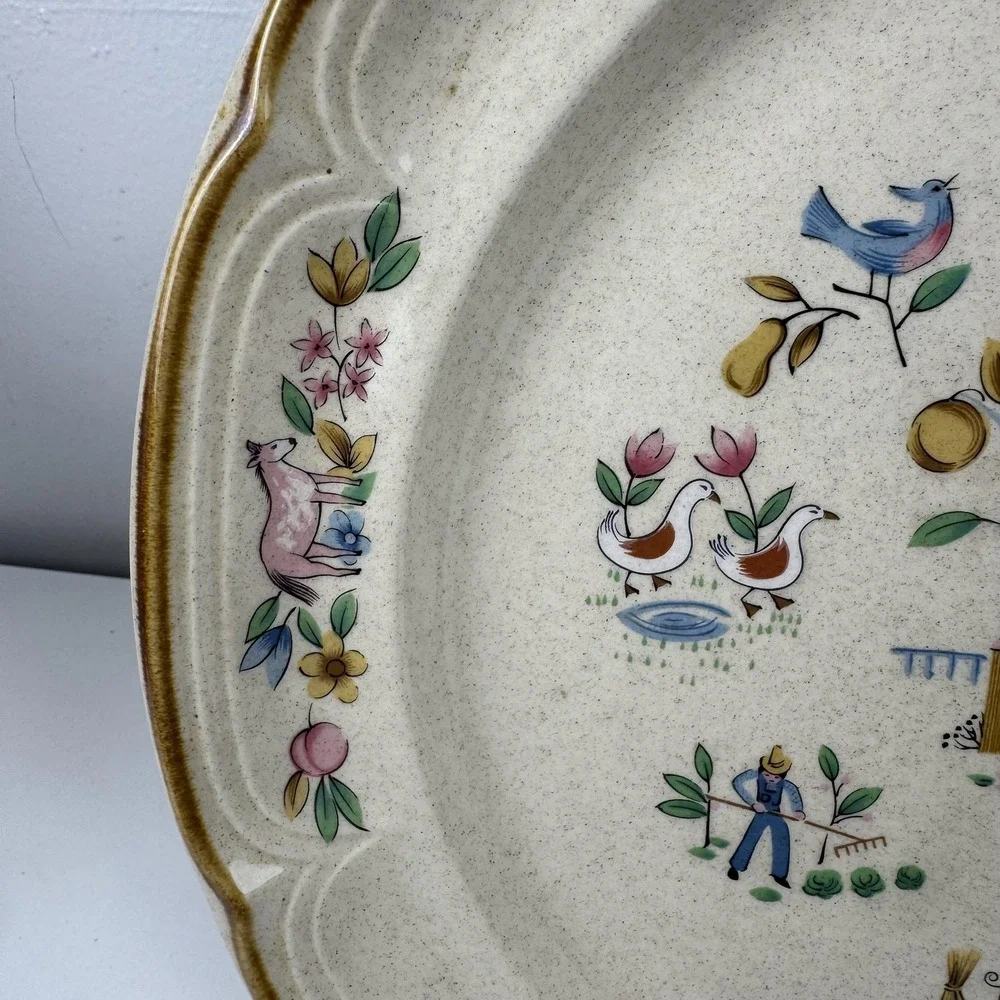 Vintage International China Heartland Chop Plate Large Beige Farm Scene Japan - Picture 2 of 10